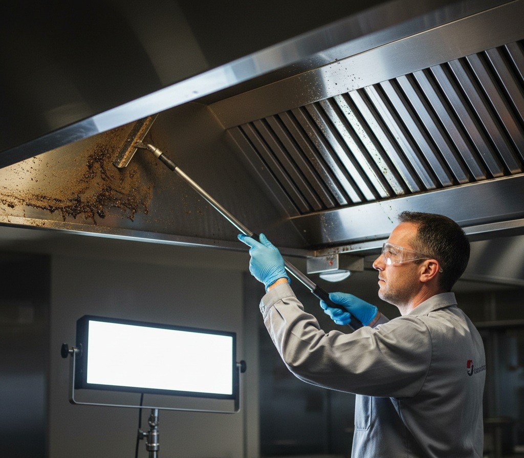 Technician cleaning a commercial kitchen hood